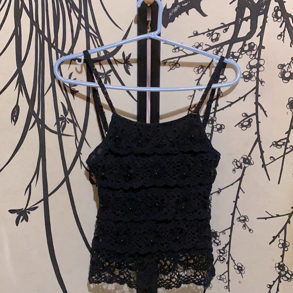 Oh Yes Women’s  Black Crochet Layered Hollow Out Knitted Camisole W/Beads